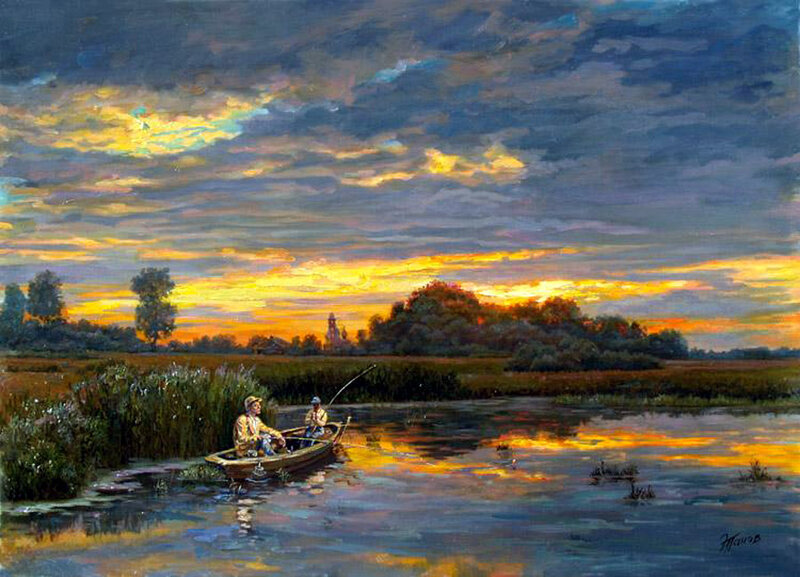 Fishermen in a Boat — Blue, Dramatic