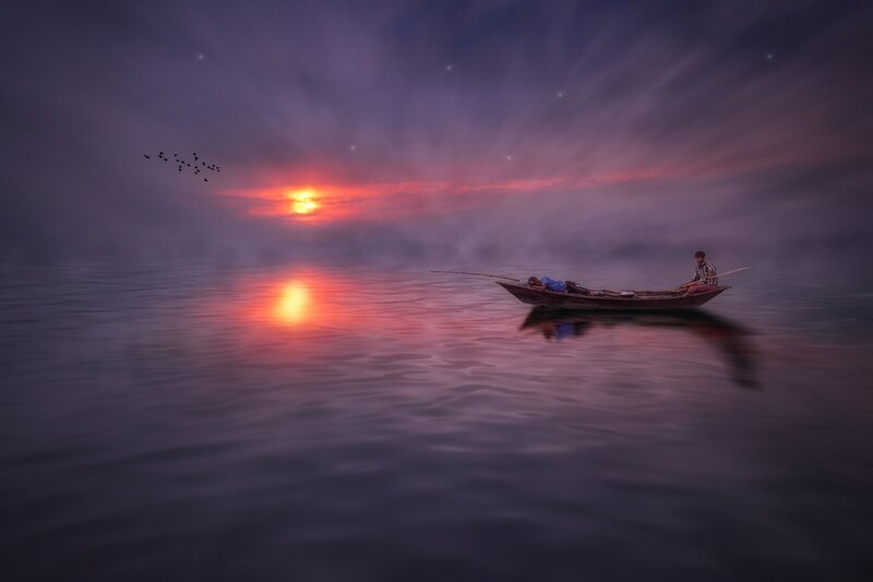 Fishermen in a Boat — Purple