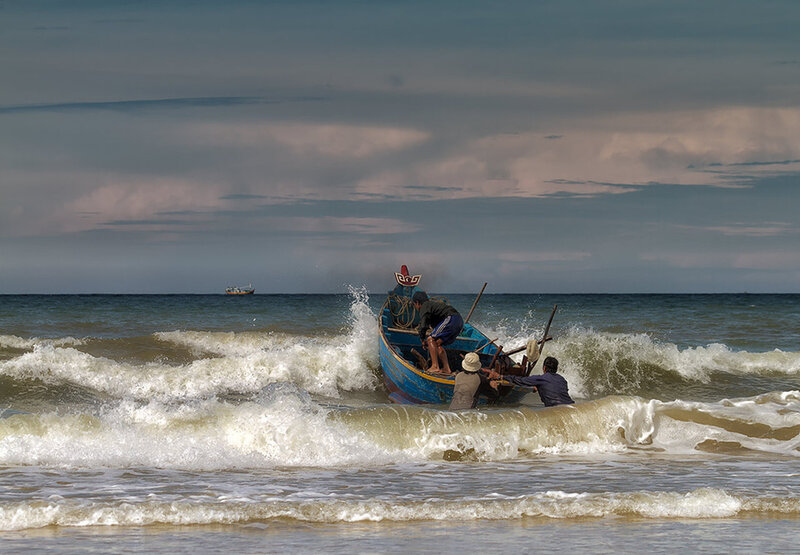 Fishermen on a Boat — Blue