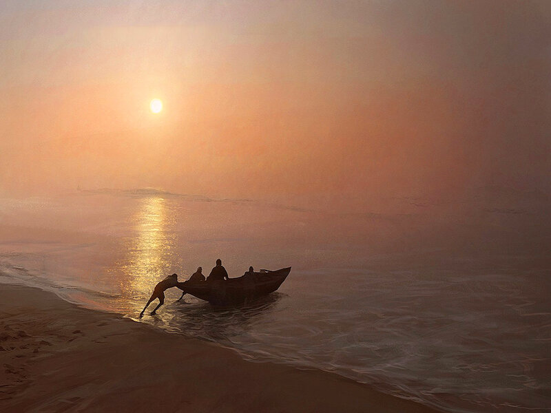 Fishermen on a Boat — Orange
