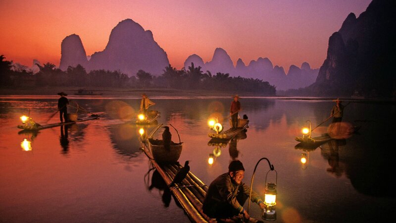 Fishermen on Bamboo Rafts — Purple
