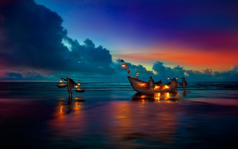 Fishermen on Beach — Blue, Dramatic, Sunset, Photograph, Boat
