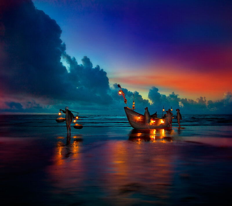 Fishermen on Beach — Blue, Dramatic, Sunset, Photograph