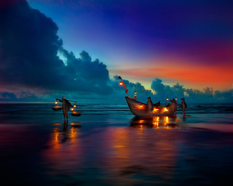 Fishermen on Beach — Blue, Dramatic