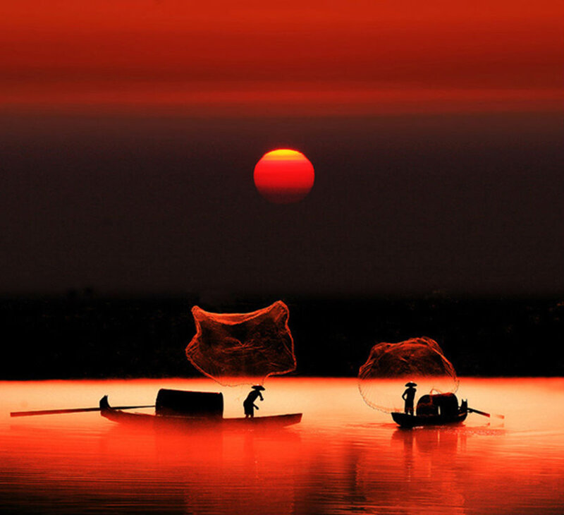 Fishermen on Boats — Red
