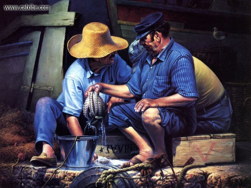 Fishermen with octopus