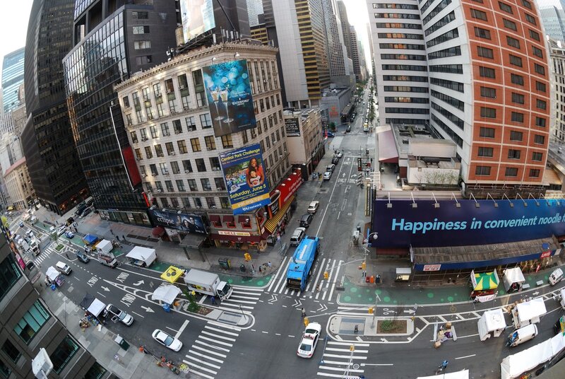 Fisheye view of a busy city intersection