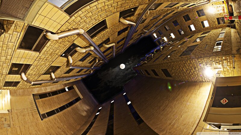 Fisheye view of a courtyard at night