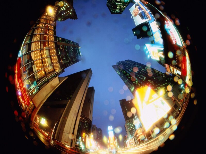fisheye view of city at night