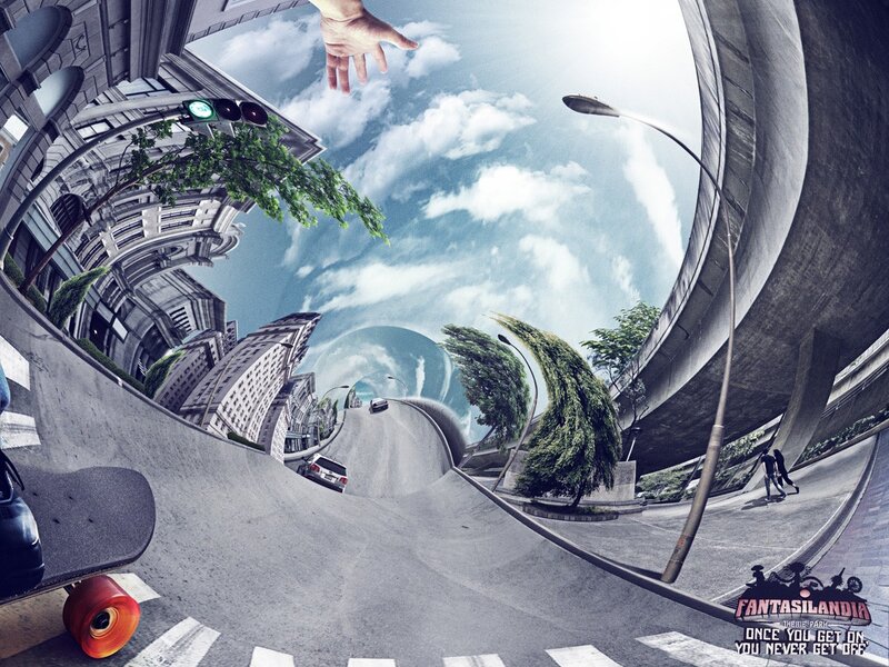 Fisheye view of city street