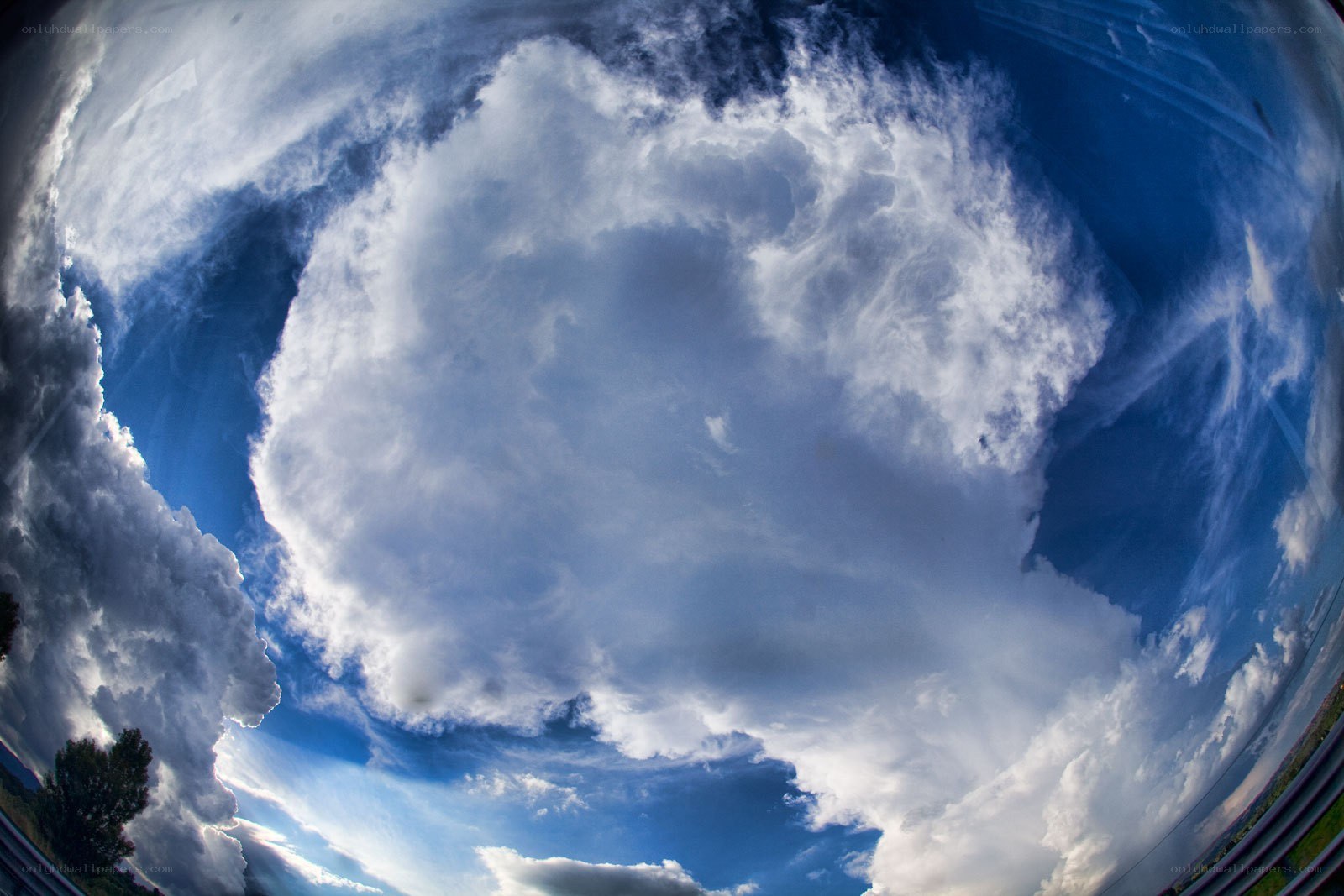 Fisheye view of cloudy sky
