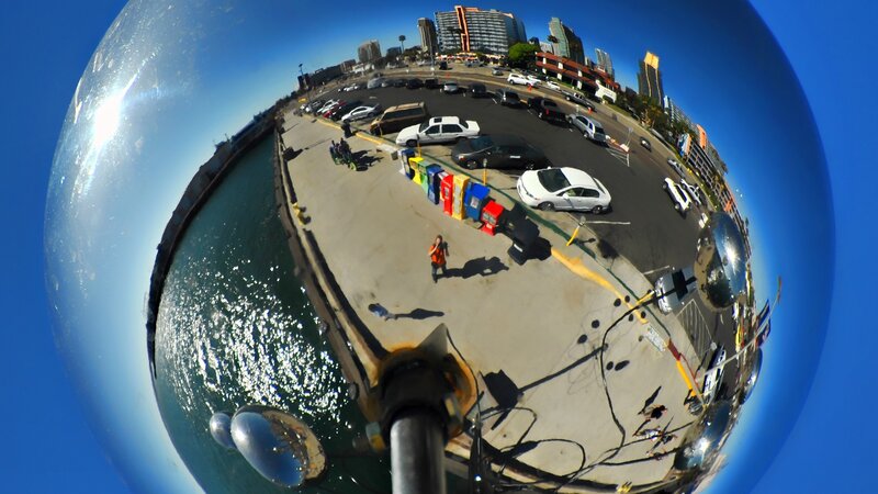 Fisheye view of harbor and city