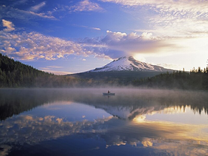 Fishing at dawn on a misty lake