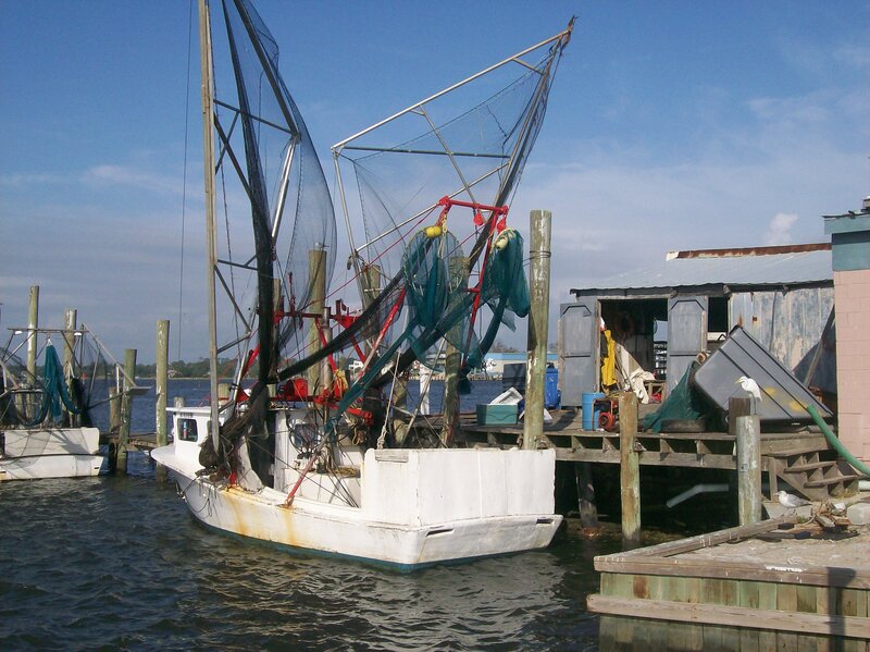 Fishing Boat at Dock — Blue, Calm