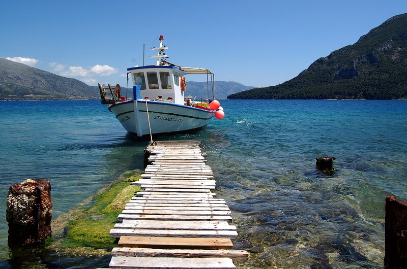Fishing Boat at Dock — Blue, Serene