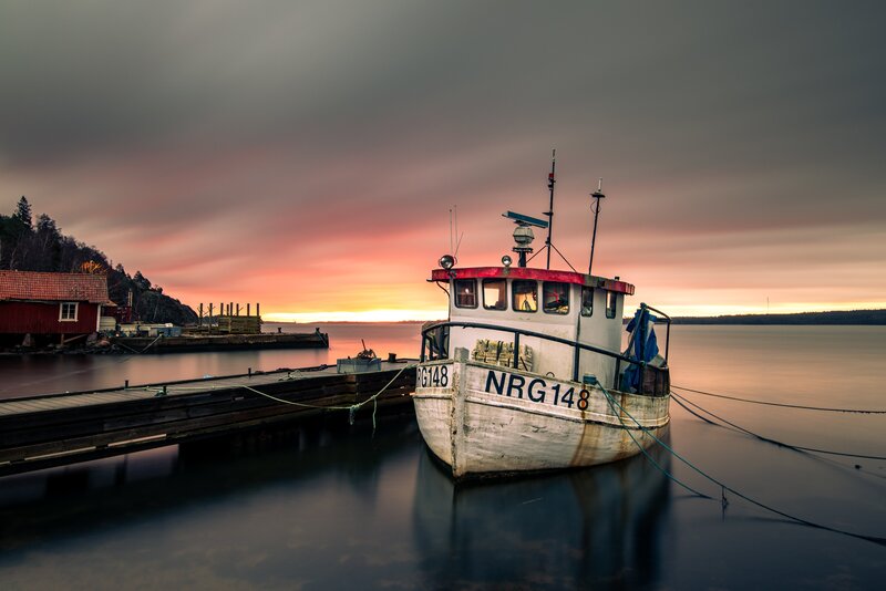 Fishing Boat at Dock — Gray, Serene