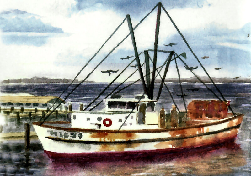 Fishing Boat at Dock — White