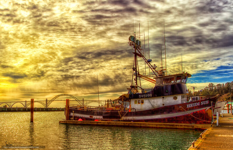 Fishing Boat at Dock — Yellow, Dramatic, Sunset, Photograph, Bridge, Sky