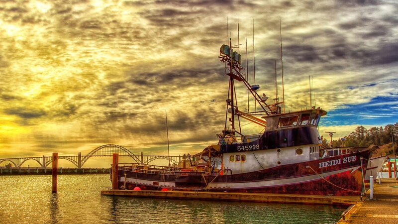 Fishing Boat at Dock — Yellow, Dramatic, Sunset, Photograph, Bridge