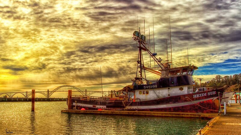 Fishing Boat at Dock — Yellow, Dramatic, Sunset, Photograph