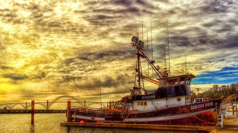 Fishing Boat at Dock — Yellow, Dramatic, Sunset