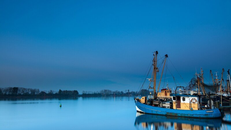 Fishing Boat at Dusk — Blue