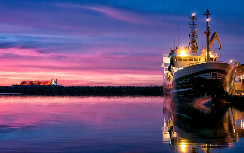 Fishing Boat at Dusk — Purple, Serene, Sunset