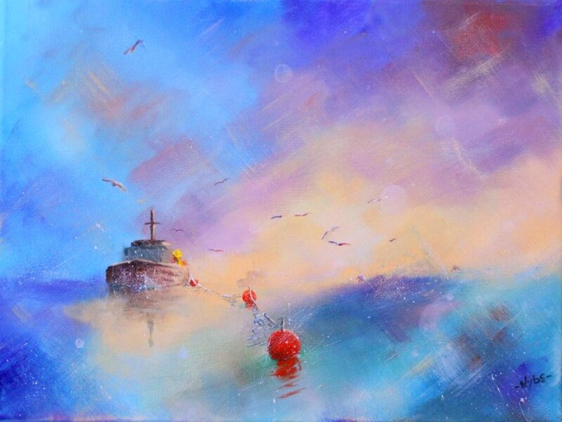 Fishing Boat at Sea — Blue, Serene
