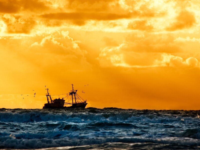 Fishing Boat at Sea — Orange, Dramatic, Sunset, Photograph