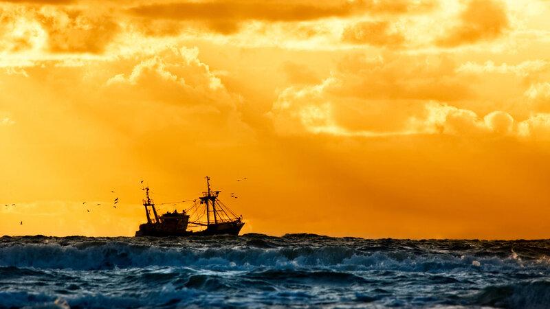 Fishing Boat at Sea — Orange, Dramatic