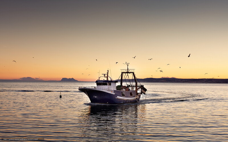 Fishing Boat at Sea — Orange, Serene, Sunset
