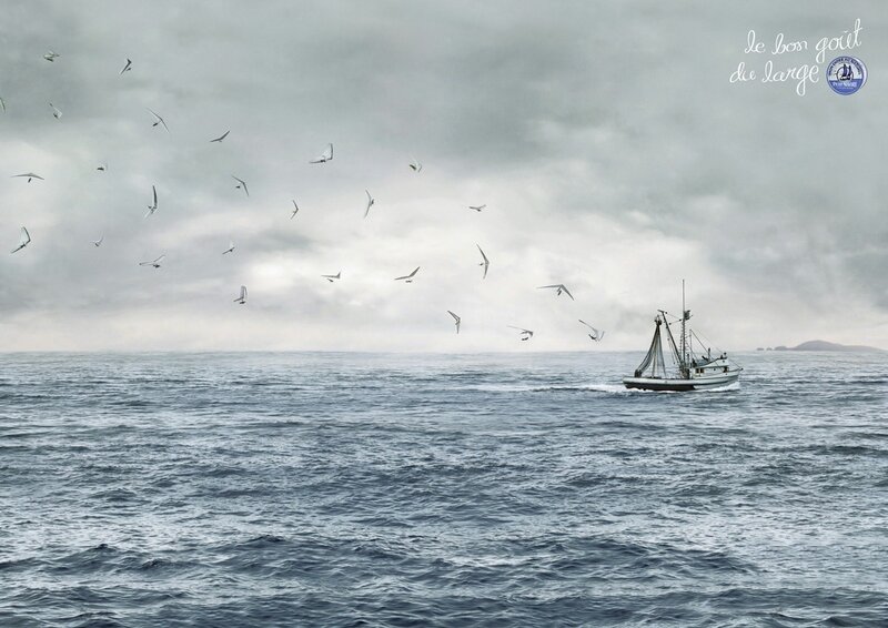 Fishing boat at sea with seagulls