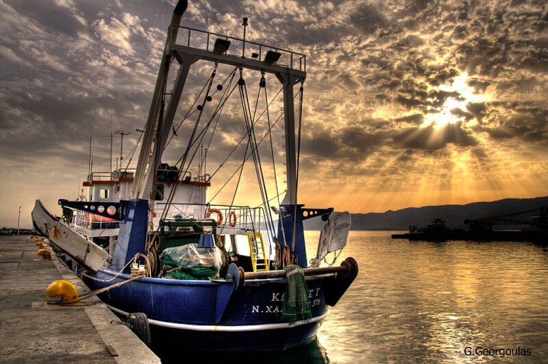 Fishing Boat at Sunset — Blue, Dramatic, Photograph, Dock