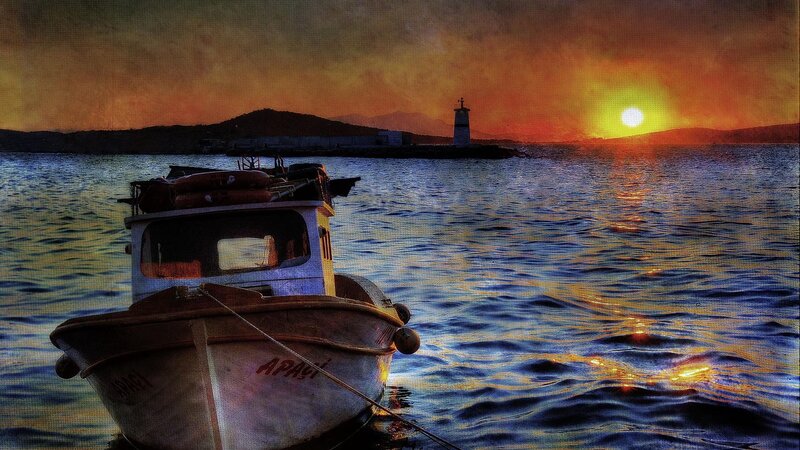 Fishing Boat at Sunset — Blue, Dramatic, Photograph