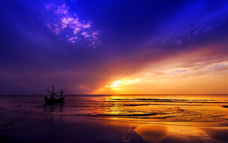 Fishing Boat at Sunset — Blue, Dramatic
