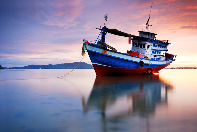 Fishing Boat at Sunset — Blue, Serene, Photograph, Sea