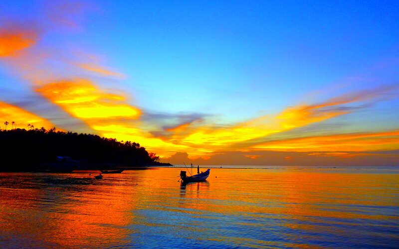 Fishing Boat at Sunset — Blue, Serene, Photograph