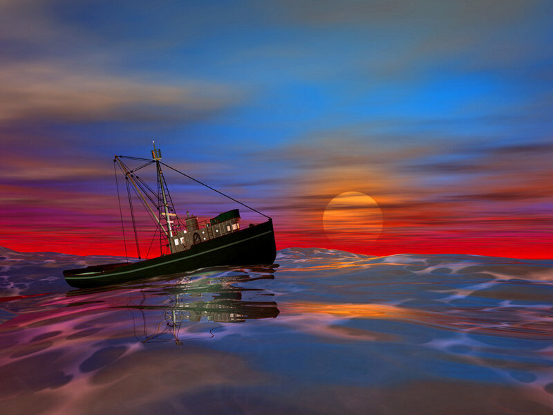 Fishing Boat at Sunset — Blue
