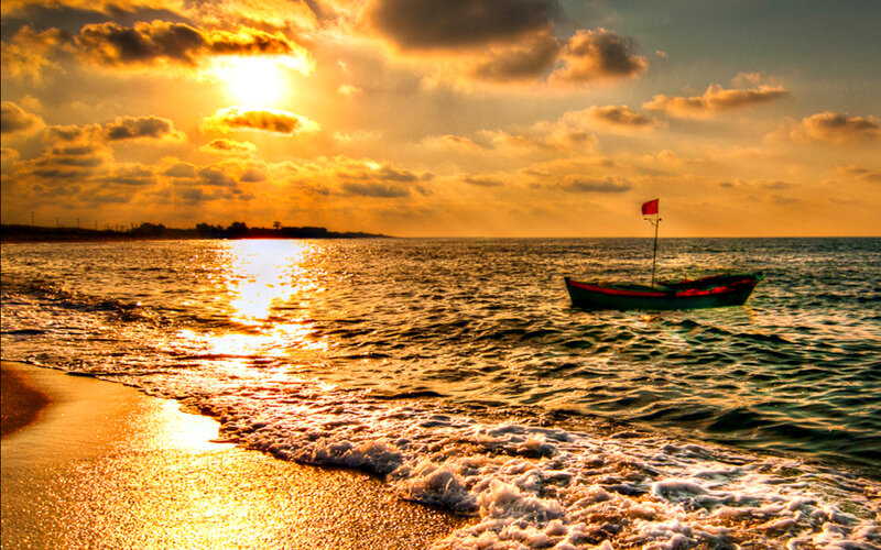 Fishing Boat at Sunset — Gold