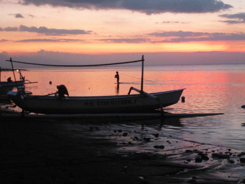 Fishing Boat at Sunset — Orange, Serene, Photograph, Person