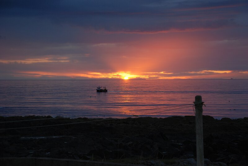 Fishing Boat at Sunset — Orange, Serene, Photograph, Sea, Sky