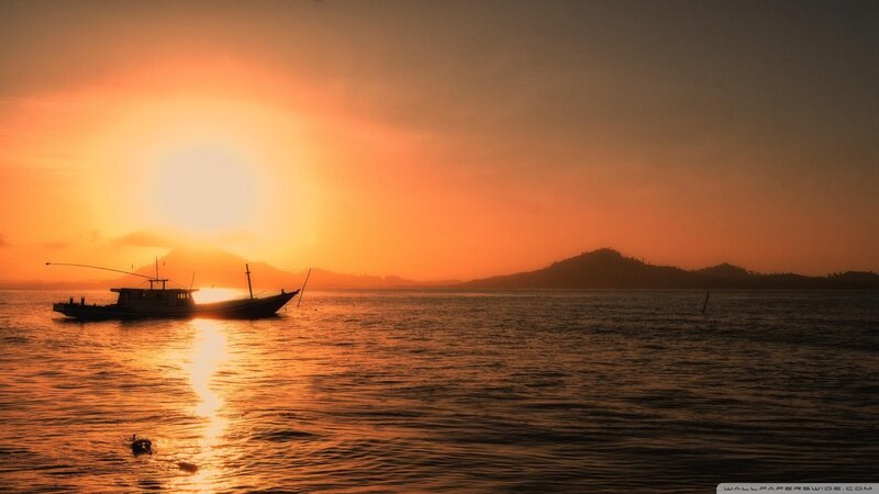 Fishing Boat at Sunset — Orange, Serene, Photograph, Sun, Island