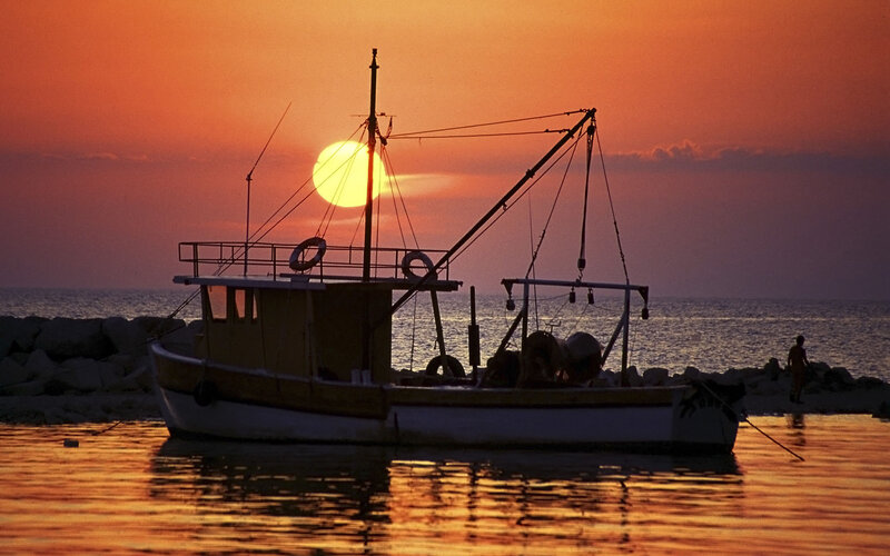 Fishing Boat at Sunset — Orange, Serene, Photograph