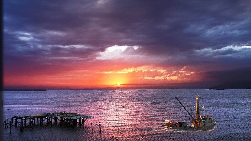 Fishing Boat at Sunset — Purple, Dramatic, Photograph, Dock
