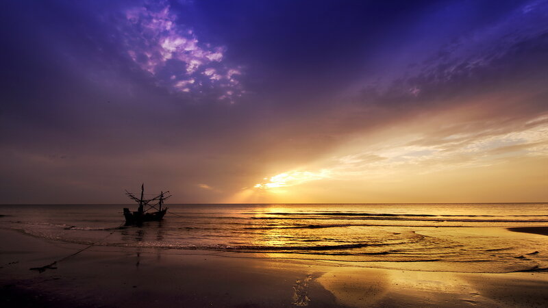 Fishing Boat at Sunset — Purple, Dramatic, Photograph