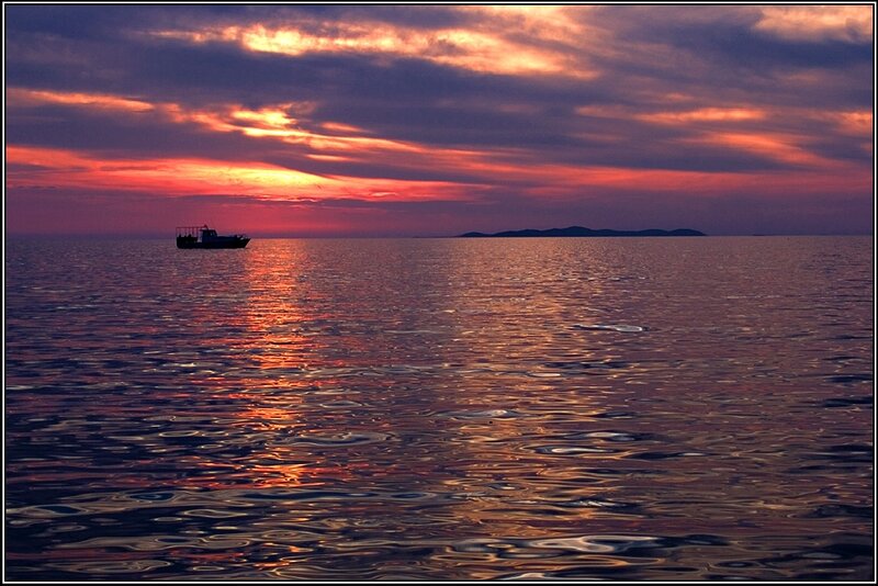 Fishing Boat at Sunset — Purple