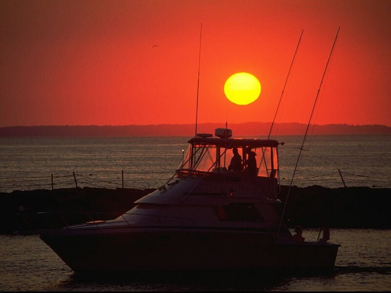 Fishing Boat at Sunset — Red, Dramatic, Photograph, Sun