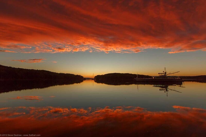 Fishing Boat at Sunset — Red, Dramatic, Photograph, Water