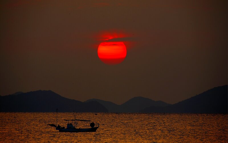 Fishing Boat at Sunset — Red, Dramatic
