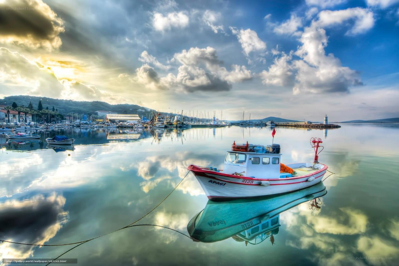 Fishing boat in calm harbor